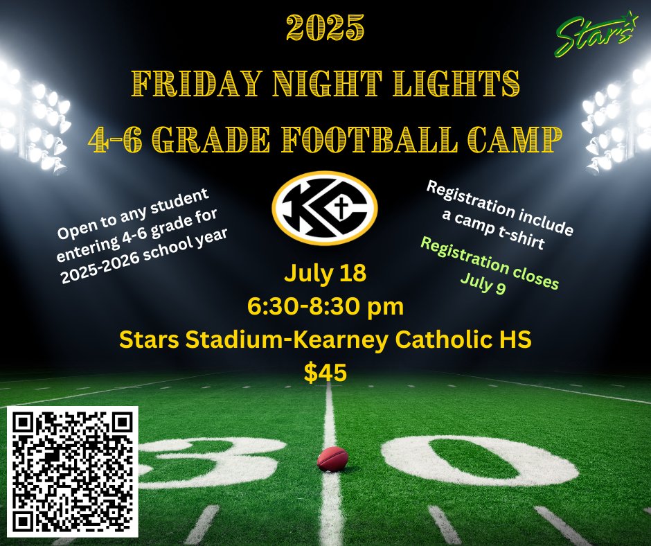 4-6 Grade Friday Night Lights 🏈Camp
🗓️July 18, 2025
📍Stars Stadium (KCHS)
⏰6:30-8:30 pm
🚨Open to any 4-6 graders (2025-26 yr)
Registration: eventbrite.com/e/2025-kchs-fo…