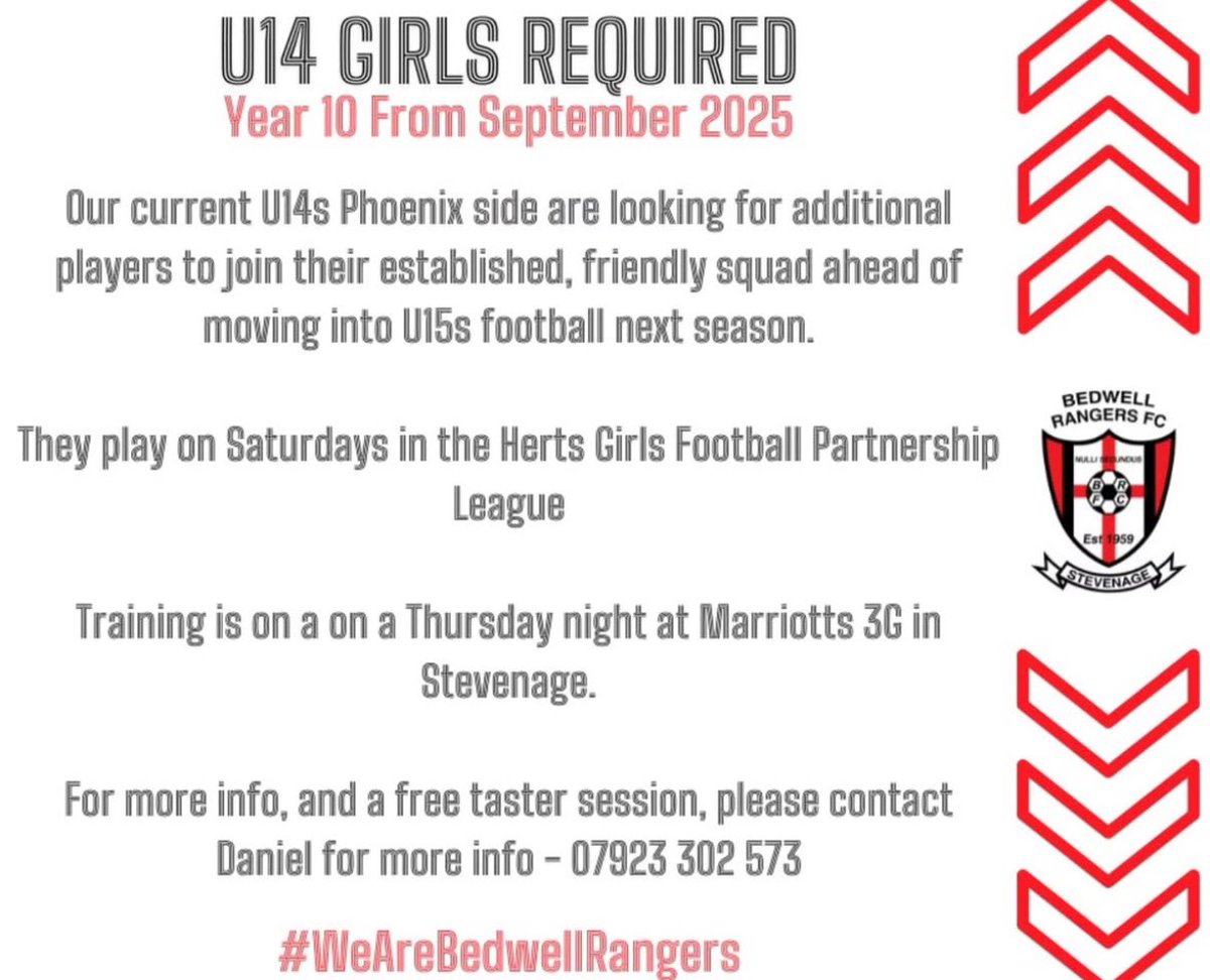 StevenageEsc's tweet image. Attention!
Local Girls side, Bedwell Rangers U14s Phoenix, are looking for players for next season ⚽️ 

They’re looking for girls in school year 10, as of September 2025: