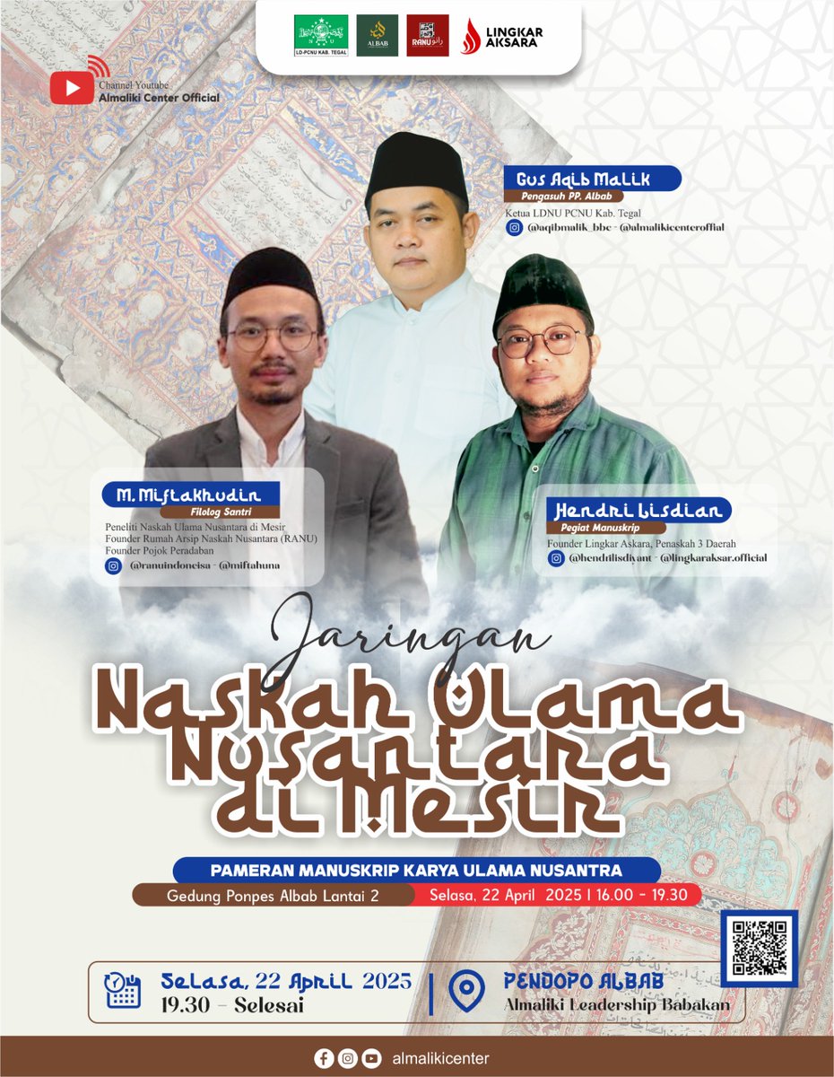 Selasa depan (22/04) diamanahi Gus Aqib Malik Mufti untuk menyampaikan Jaringan Jejak Literasi Ulama Nusantara di Mesir, serta  menjadi kurator di Galeri Pameran Koleksi Manuskrip Lokal hasil konservasi <a href="/ranuindonesia/">RANU - Rumah Arsip Naskah nUsantara</a> . Ada Manuskrip Pegon Jawa dialek Ngapak juga. Yuk merapat ☕.
