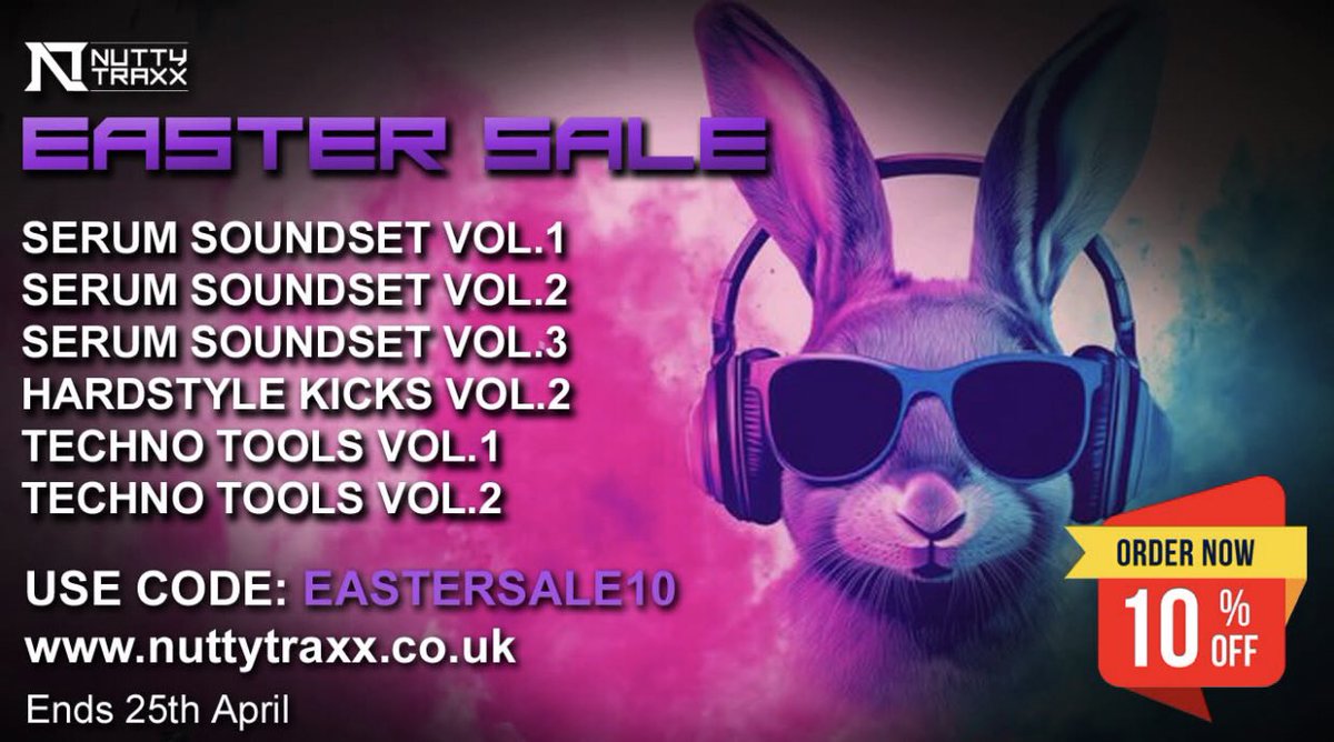 Use code: EASTERSALE10
Expires 25th April
nuttytraxx.co.uk/store/
Get any of these Hardstyle &amp; Hard Techno packs with a 10% discount including the Serum Soundset series 1, 2 &amp; 3, plus leading sample packs Hardstyle Kicks Vol.2 and Techno Tools Vol.1 &amp; 2.