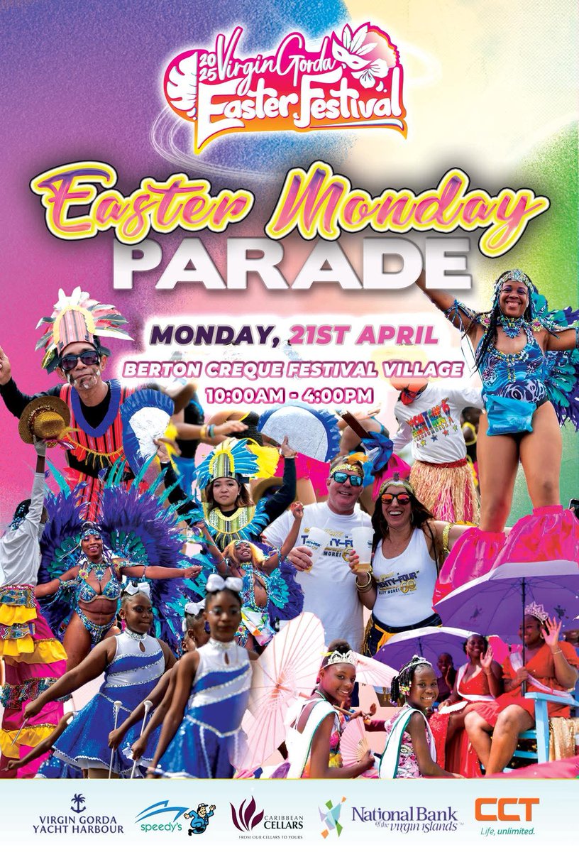 Come out and enjoy the Virgin Gorda Easter Festival ‼️🎉 

Grab a taste of culture and tradition at the Cultural Food Fair, come see the best and biggest in the Easter Hat Parade and join in the fun as we watch all the vibrant colours in the Easter Monday Parade celebration❗
