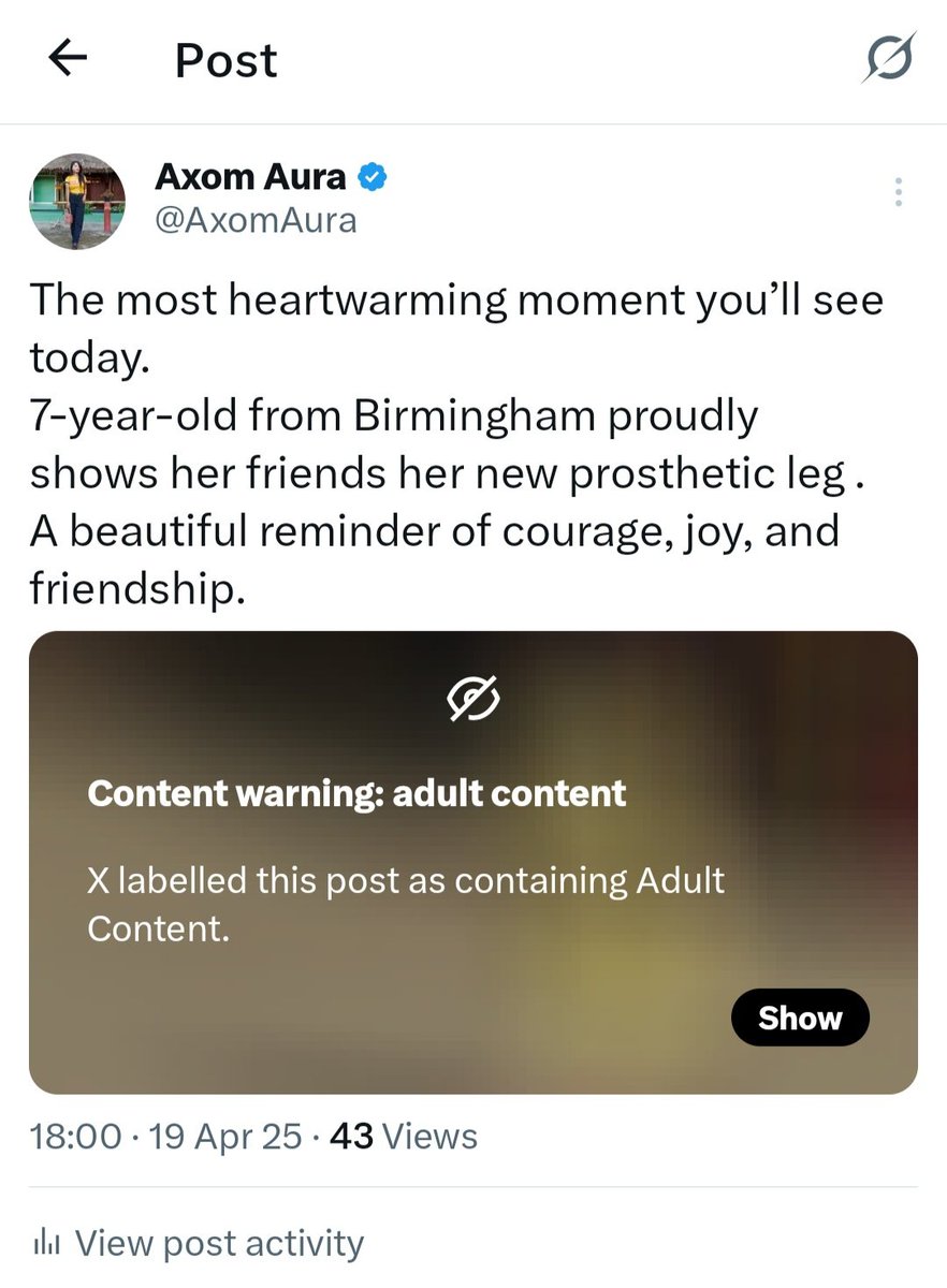 Seriously, <a href="/X/">X</a>, <a href="/Support/">Support</a>,  <a href="/ZachWarunek/">Zach Warunek</a> what is going on with your content moderation?
My post got flagged as “adult content” when it had nothing even remotely inappropriate. No nudity, no explicit language, nothing suggestive. Just a regular post.

And it doesn’t stop there. Even