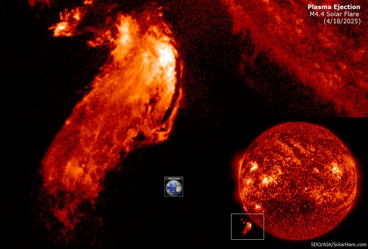 SolarHam's tweet photo. A giant blob of plasma was ejected off of the Sun last night following the M4.4 solar flare off the southeast limb. Here the planet Earth is inserted for an approximate size reference. Feeling small yet? Imagery by the Solar Dynamics Observatory (SDO). https://t.co/j8rKAJeFoU