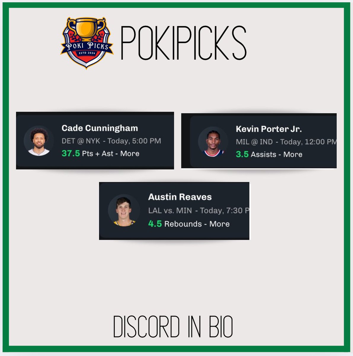 April 19th #NBA Player Props🏀

Austin Reaves o4.5 Rebounds 
(-137)

Kevin Porter Jr o3.5 Assists 
(-145)

Cade Cunningham o 37.5 Pts+Asts
(-110)

Extra Free Plays In Discord👀

Drop a ❤️ if you’re tailing!!!!

#GamblingTwitter #GamblingX #dfs #NBA #PrizePicks #fanduel