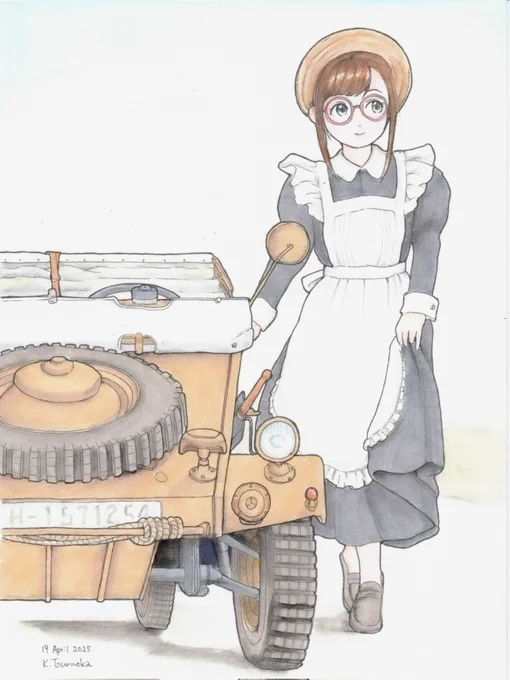 Kubelwagen Typ82 + Maidメイドなので長い髪を後ろでまとめています。どうでしょう! 