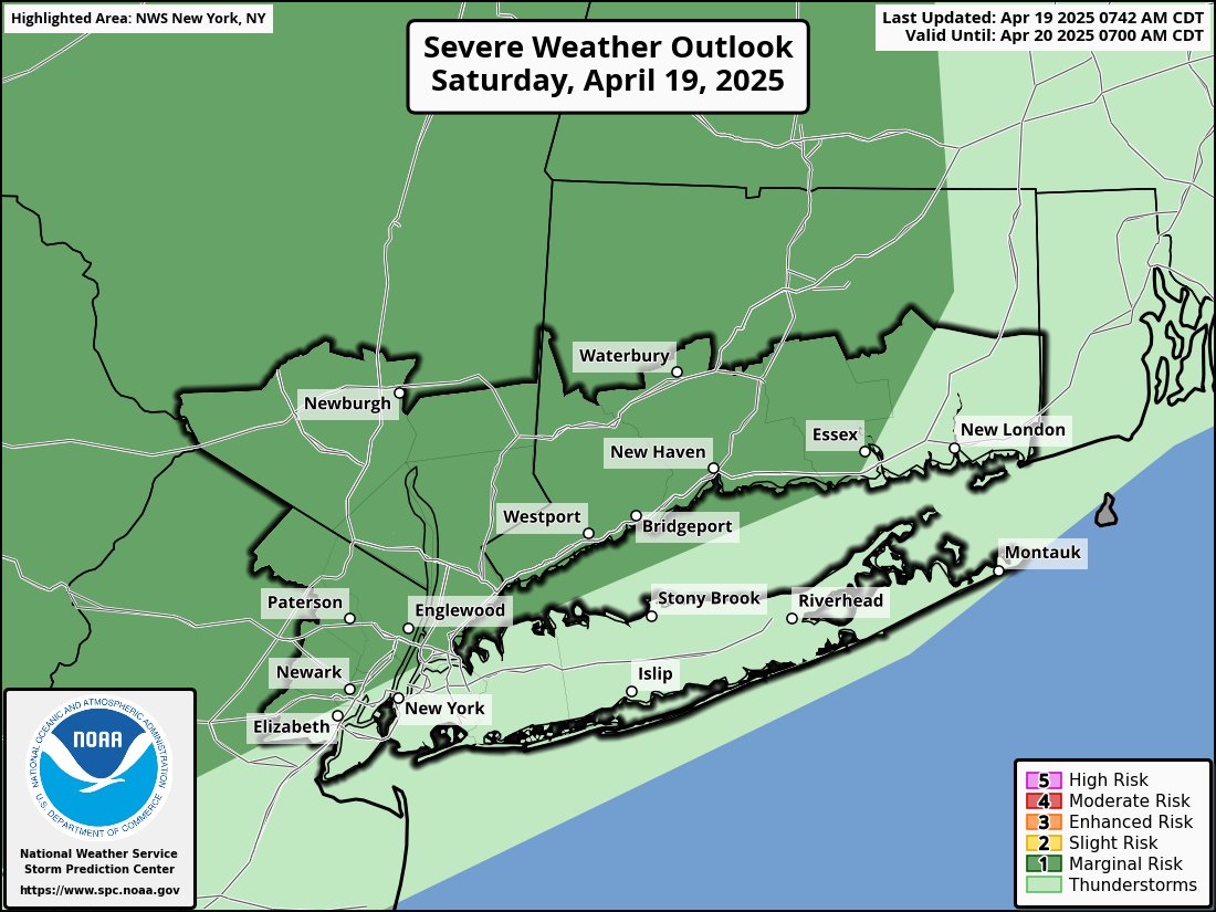 The Storm Prediction Center has upgraded portions of the area to a marginal risk of severe weather this afternoon and evening with the potential for strong thunderstorms bringing gusty winds. #NYwx #CTwx #NJwx