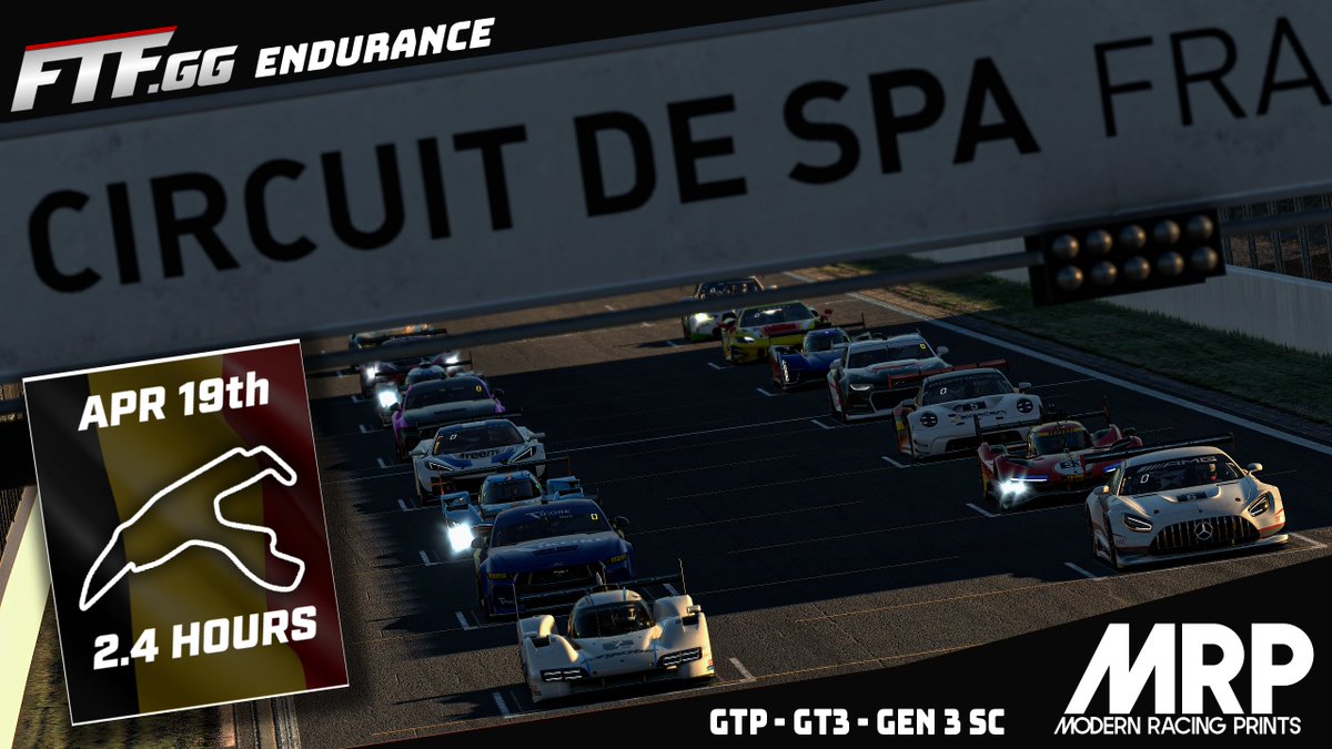 Tonight at 9PM, an Easter tradition continues!

The FTF .gg Modern Racing Prints Endurance Challenge takes on Circuit de Spa-Francorchamps for 2.4 hours of multi-class racing!

The second <a href="/MRP_Prints/">Modern Racing Prints</a> Endurance race of the year! For more information, visit discord.gg/ftfgg