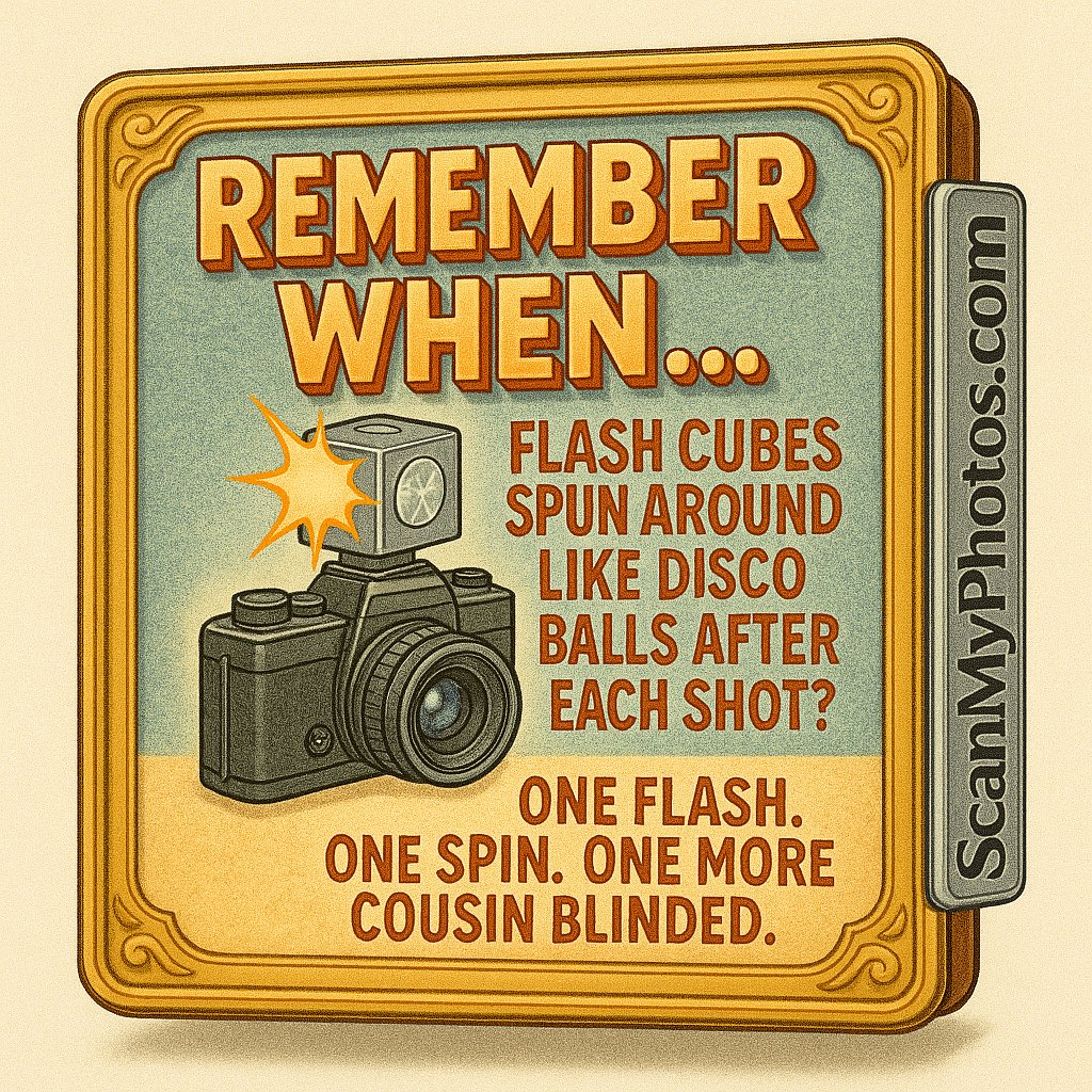 ScanmyphotosC's tweet photo. Remember when… flash cubes spun around like disco balls after each shot? One flash. One spin. One more cousin blinded.

#FlashbackFun #DiscoFlash #RetroCameras #ScanMyPhotos #RememberWhen

⏩ https://t.co/qQcM98jmfK https://t.co/HNAnqByNM9