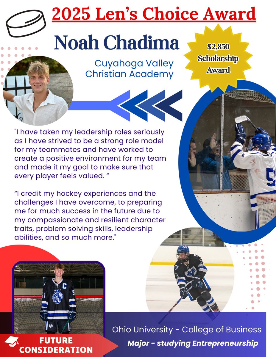 Today's scholarship winner spotlight received our Len's Choice Award -- our 2nd place prize, named after longtime board member Len Matlock who lost his battle with cancer in 2024.  Our 2nd place winner, taking home a $2,850 award , from <a href="/CVCAHockey/">CVCA Hockey</a> Noah Chadima!!!  Congrats Noah!