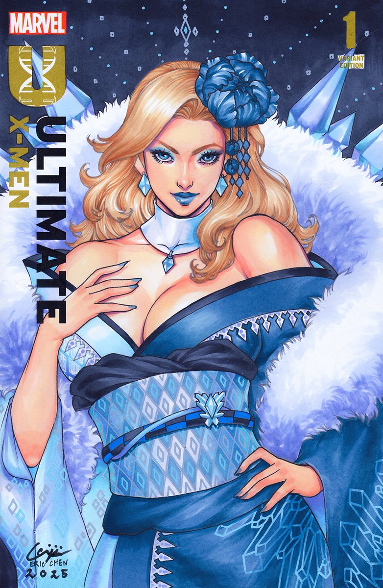 ericwjchen's tweet photo. More Kimono Emma Frost!

Earlier wip all finished, drawn with copic markers on an Ultimate X-Men blank comic sketch cover.

It was a lot of fun to design a kimono for her. https://t.co/Pt9IxLBDh1
