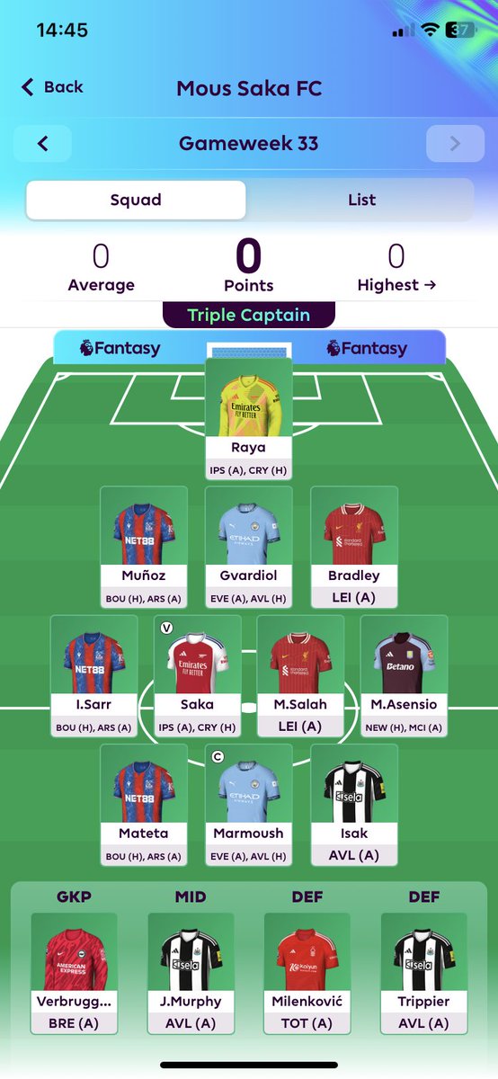 GW33 - triple captain

🧢 Marmoush
💰 Palmer to Saka. 

Good luck all 🍀 

#FPL #fplcommunity