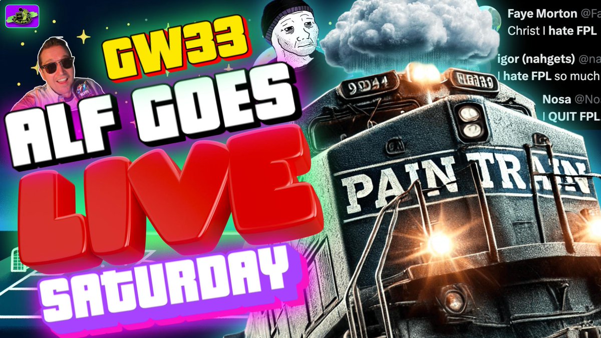 FPL Alf (@alf_fpl) on Twitter photo π¨ You'd better believe I'll be live tonight for the Pain Train! π¨
β οΈπFPL GW33 | THE PAIN TRAIN | TEARS, CHAOS & 0.1 PRICE DROPS πβ οΈ
π Maddest & saddest tweets & matchday review
π Live at 8PM GMT after #AVLNEW !
Come say heyyyyπ youtube.com/live/n8QVBaUTAβ¦
#FPLPainTrain π¨ You'd better believe I'll be live tonight for the Pain Train! π¨
β οΈπFPL GW33 | THE PAIN TRAIN | TEARS, CHAOS & 0.1 PRICE DROPS πβ οΈ
π Maddest & saddest tweets & matchday review
π Live at 8PM GMT after #AVLNEW !
Come say heyyyyπ youtube.com/live/n8QVBaUTAβ¦
#FPLPainTrain