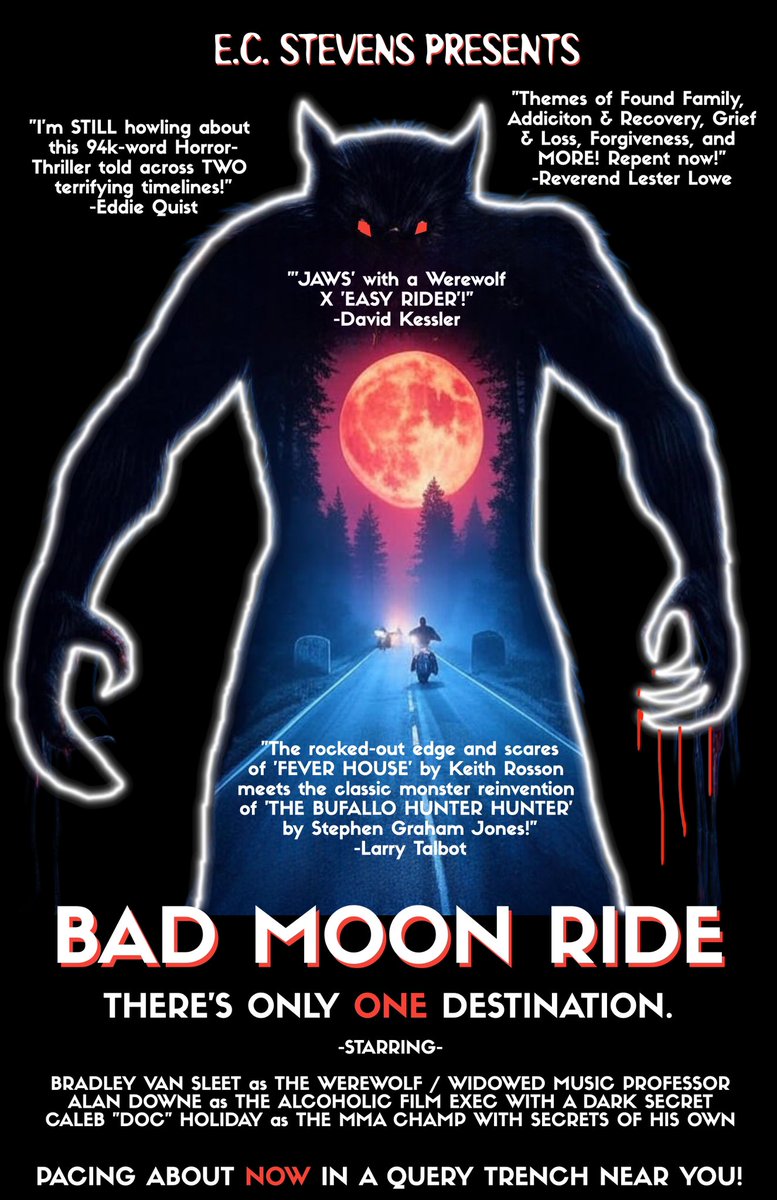 An alcoholic B-movie executive whose life is imploding and his high school bestie, a retired MMA champ hiding two dark secrets, embark on a cross-country motorcycle ride, only to be hunted by a vengeful werewolf fueled by the tragedy one of them unwittingly caused.
#PosterPitQ #H