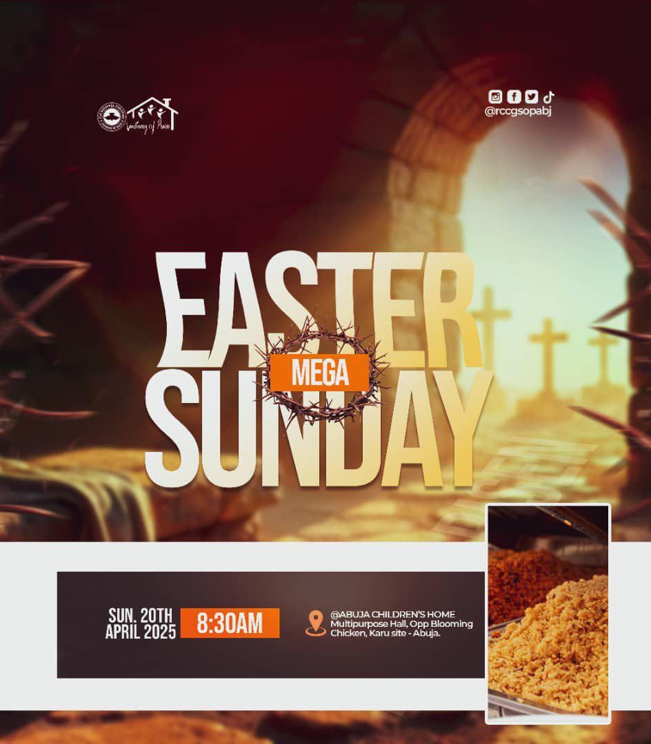 rccgsopabj's tweet photo. Join us tomorrow for Easter Mega Sunday!
๐ Multipurpose Hall, Abuja Children's Home, Opposite Blooming Chicken, Karu Site, Abuja.
Come and let's celebrate the resurrection of Jesus Christ.
Peep the last slide! ๐๐๐
#RCCGYMCSOP | #EasterSunday | #AbujaTwitterCommunity https://t.co/0KYUVcKKvv