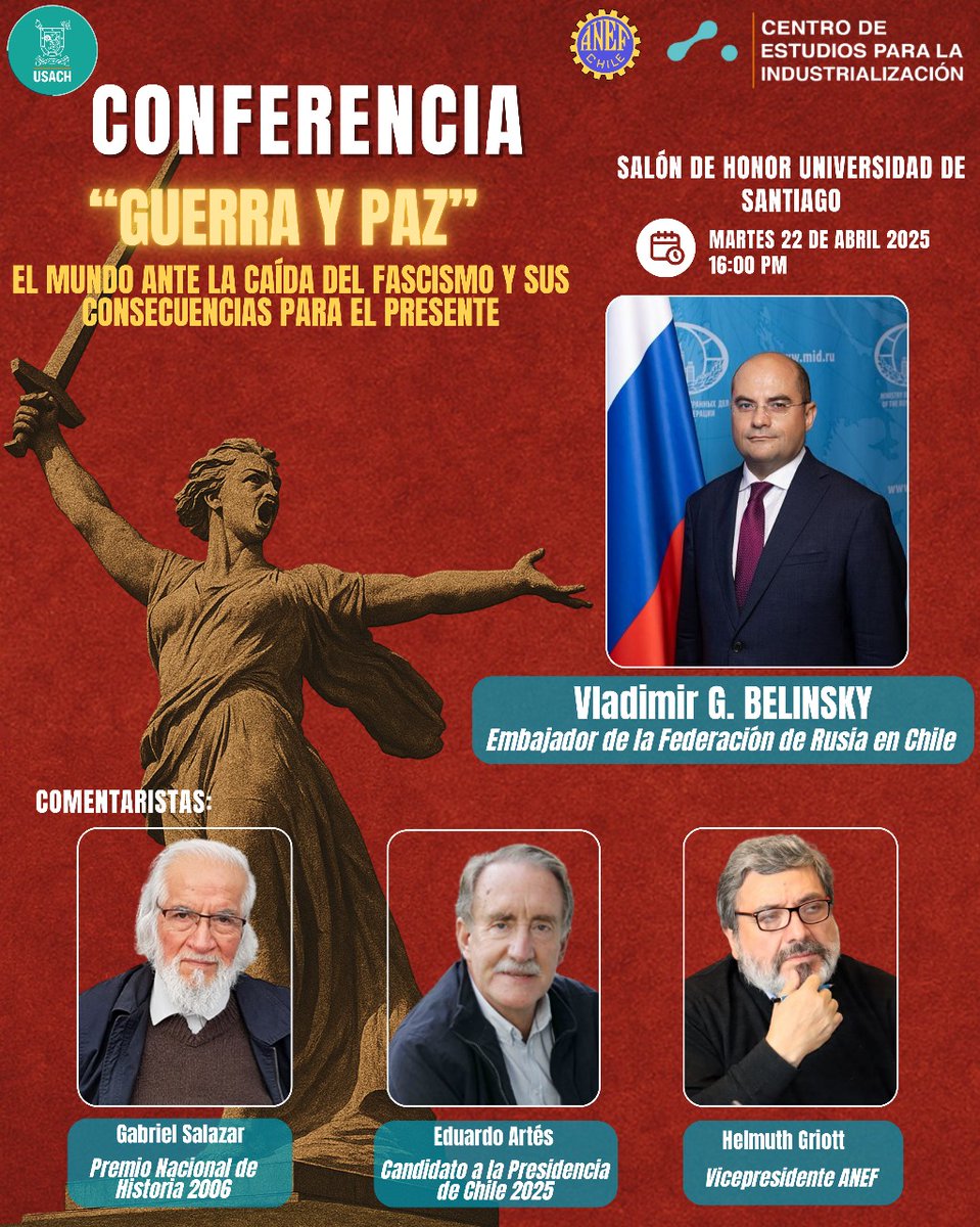 marcelclaude's tweet photo. CONFERENCIA EMBAJADOR RUSIA EN LA USACH: A 80 AÑOS DE LA DERROTA DEL FASCISMO EN ALEMANIA Y SUS CONSECUENCIAS PARA EL PRESENTE. https://t.co/8zrk9nav4q