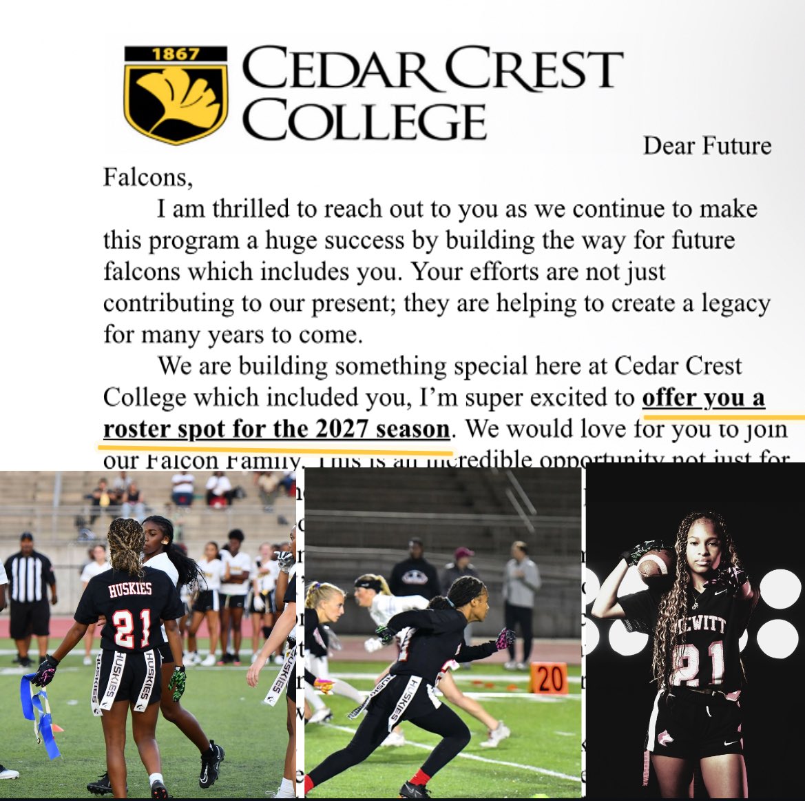 Amaurie Pearson (@amauriepearson) on Twitter photo Im so grateful to receive an 🅾️ffer from Cedar Crest College Women's Flag Football. Thank you Coach Avvento for giving me this opportunity, and thank you for always believing and supporting me since our first conversation.🏈💛#AGTG <a href="/cedarcrestcolle/">Cedar Crest College</a> <a href="/tburt12/">Taylor Burt</a> <a href="/HTHSgflagfball/">HTHS Girls Flag Football</a> Im so grateful to receive an 🅾️ffer from Cedar Crest College Women's Flag Football. Thank you Coach Avvento for giving me this opportunity, and thank you for always believing and supporting me since our first conversation.🏈💛#AGTG <a href="/cedarcrestcolle/">Cedar Crest College</a> <a href="/tburt12/">Taylor Burt</a> <a href="/HTHSgflagfball/">HTHS Girls Flag Football</a>