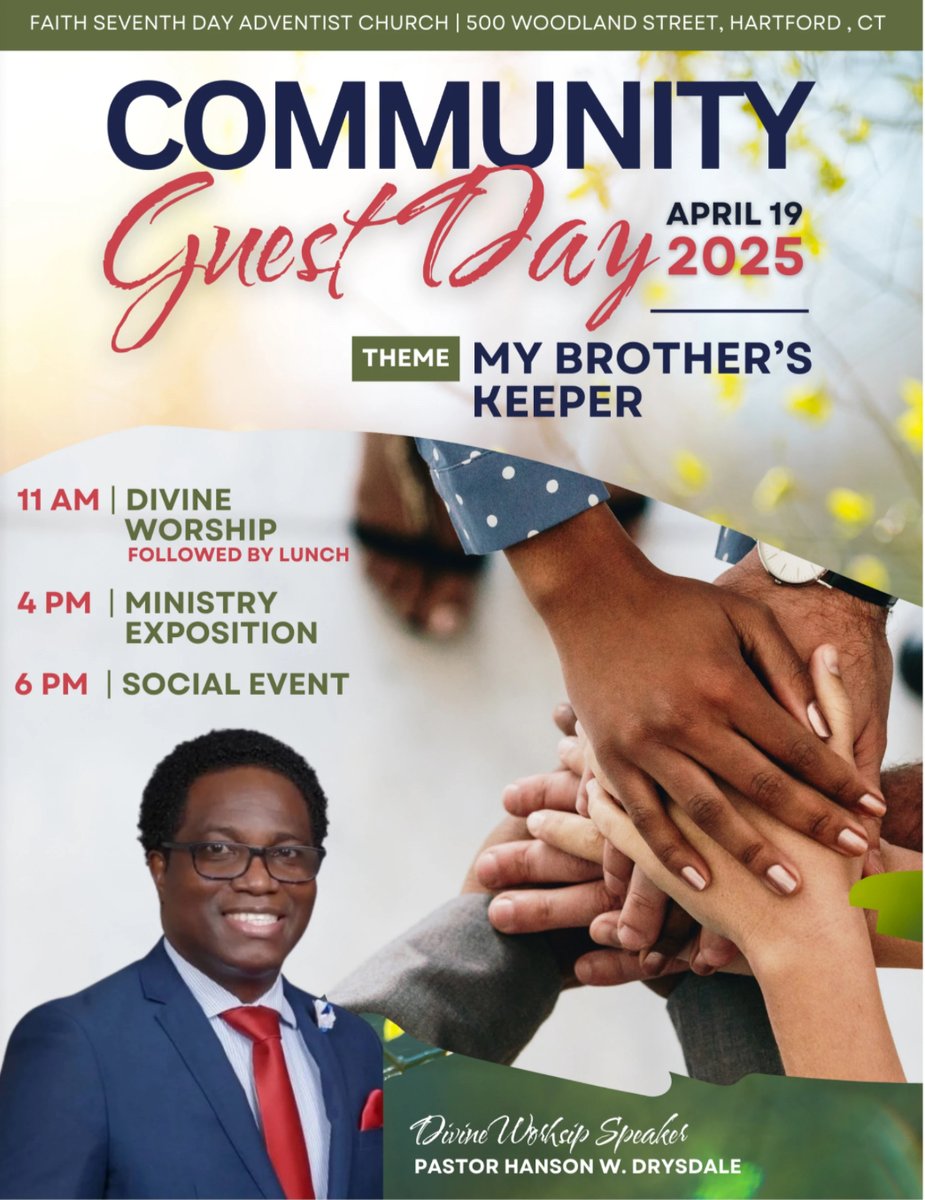 faith_sda's tweet photo. Sabbath Flow - 4.19.25
Faith Community Guest Day is the perfect place to feel at home. 

9 AM - First Praise 
10 AM - Sabbath School
11 AM - Divine Worship
2 PM - Lunch
4 PM - Ministry Expo
7PM - Silent Party &amp; Bake Sale

Stay connected  https://t.co/kd3x8wCOdL
#HappySabbath https://t.co/2inJdvRkJZ