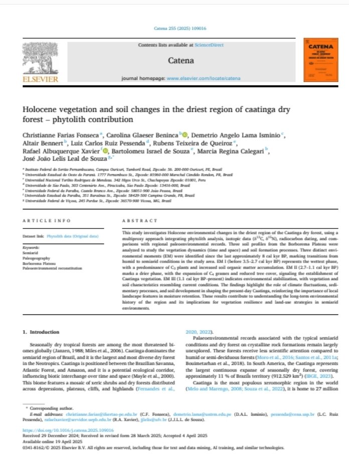 Big news in paleoecology!
Our latest article just dropped in Catena, exploring Holocene environmental changes in the driest part of Brazil’s Caatinga dry forest.
Phytoliths, soils, and landscape history come together to reveal the region’s ecological past and future.