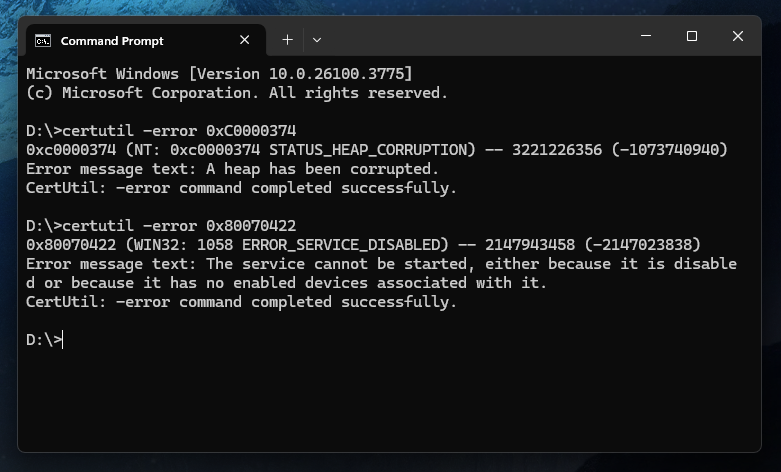 Did you know you can run certutil to decode Windows HRESULT/NTSTATUS error values?

certutil -error &lt;code&gt;