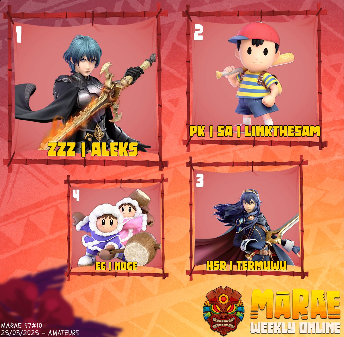 MaraeWeekly's tweet photo. 🐍 Marae - TOP 8 S7#10 🐍

1er : @Ashgaar95 
2ème : @RB_Jochen 
3ème : @GluigiRB 
4ème : Yohan
5ème : @CrachaSsb2 &amp; @fujin_raijin9 
7ème : Naga &amp; @xPx57 

🐍 Marae - TOP 4 Amateur 🐍

1er : @al_ks_ 
2ème : LinkTheSam
3ème : TermUwU
4ème : @Noge_Sky 

#MaraeWeekly 🐍 https://t.co/HaYqSbZE9M