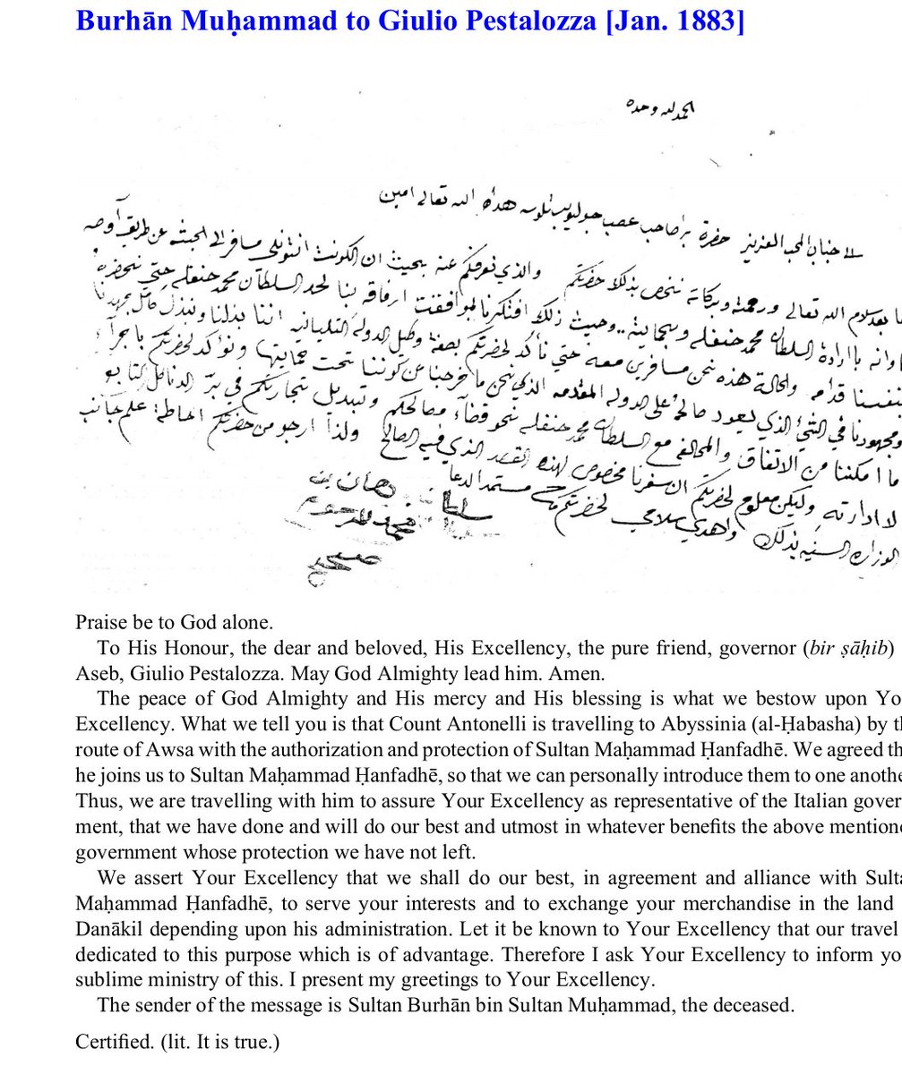 Machine44629908's tweet photo. #AFAR #History
#QAFAR #Aydaadu
#Ethiopia
#Djibouti
#Eritrea
#Africa
#Afar
Letter from
Sultan Burhan Mahammad to Giulio pestalozza
Includes the journey of Sultan Burha Muhammad and Count Pietro Antonelli to meet Sultan Mahammad Hanfari ilalta 1883 https://t.co/nqTjKePZ9C