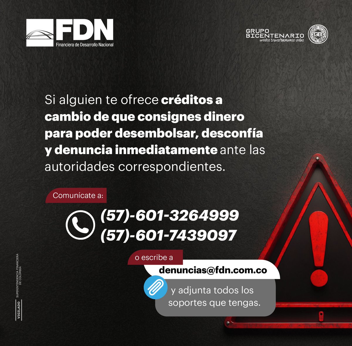 #NoTeDejesEngañar. Queremos dejar bien claro que desde la Financiera de Desarrollo Nacional NO entregamos ni mucho menos ofrecemos créditos a personas naturales, nuestro modelo de negocio se enfoca en financiar, estructurar y administrar grandes proyectos de infraestructura de