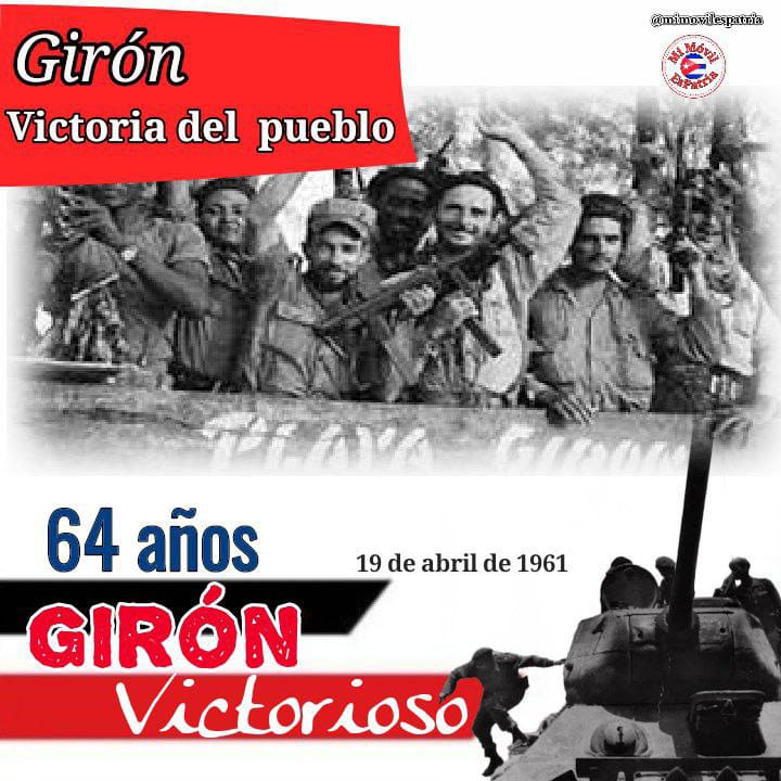 Con la victoria a  la invasión mercenaria por Playa Girón, un día como hoy, el 19 de abril de 1961, Cuba demostró al mundo su voluntad de defender con las armas el proceso revolucionario iniciado en 1 de enero de 1959.
#CubaViveEnSuHistoria #64AñosDeGirón #GirónDeVictorias