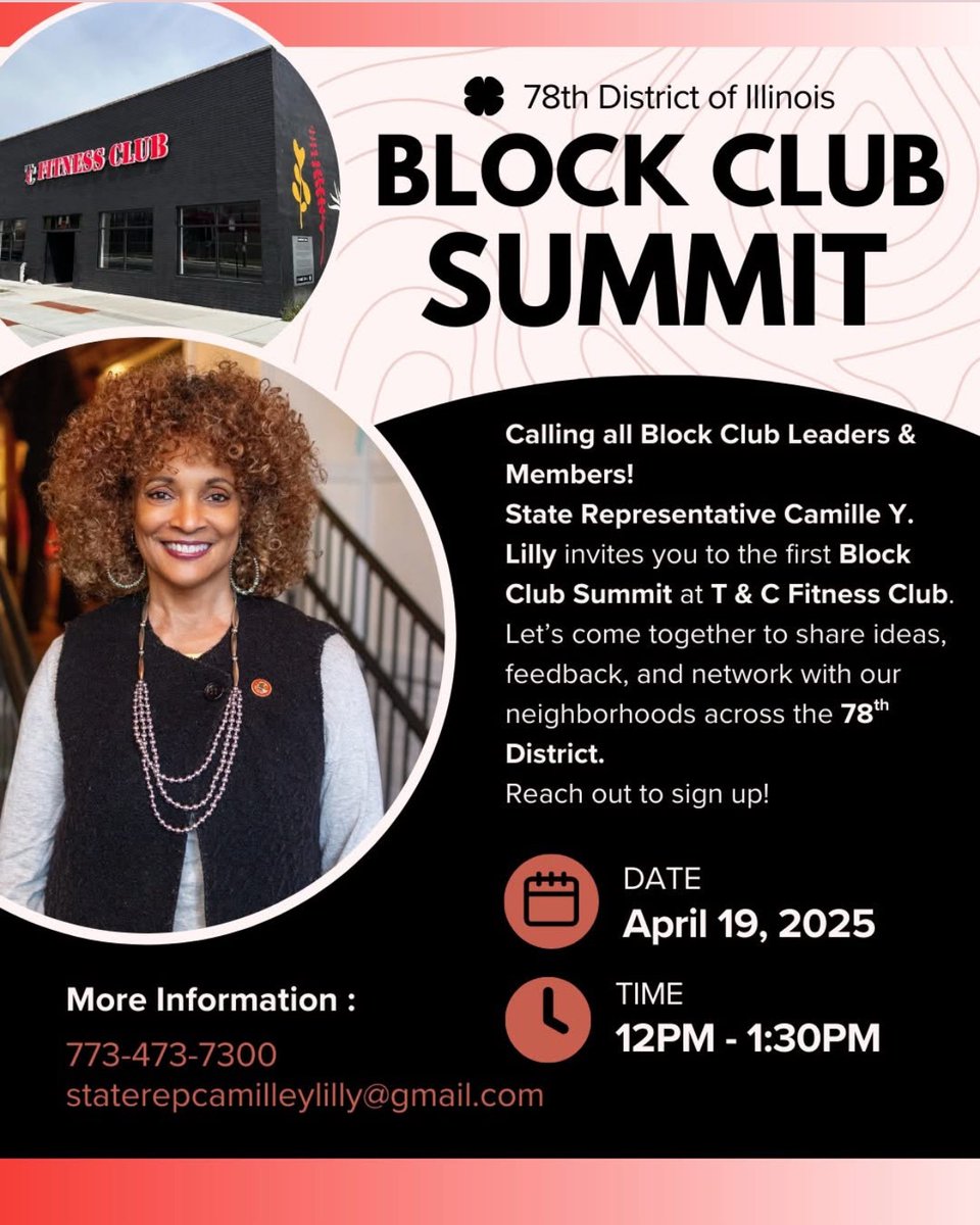 Today in Austin at 12:00-1:30pm , State Representative Camille Y Lilly presents a Block Club Summit at  T &amp; C Fitness Club  #AustinToday015 #communitystrong #ChicagoPD #thatsjust15thcpd