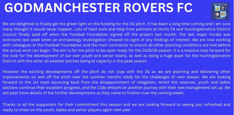 Godmanchester Rovers (@goddyroversfc) on Twitter photo 3G Update from the club ๐โฝ๏ธ๐
Massive thank you to everyone involved
<a href="/utdcos/">UCL</a> <a href="/UCLFanZone/">UCL Fan Zone</a> <a href="/GoddyNews/">Godmanchester Rovers News</a> <a href="/HuntsFA/">Huntingdonshire FA</a> <a href="/FootballFoundtn/">Football Foundation</a> <a href="/DCMS/">Department for Culture, Media and Sport</a> <a href="/premierleague/">Premier League</a> 3G Update from the club ๐โฝ๏ธ๐
Massive thank you to everyone involved
<a href="/utdcos/">UCL</a> <a href="/UCLFanZone/">UCL Fan Zone</a> <a href="/GoddyNews/">Godmanchester Rovers News</a> <a href="/HuntsFA/">Huntingdonshire FA</a> <a href="/FootballFoundtn/">Football Foundation</a> <a href="/DCMS/">Department for Culture, Media and Sport</a> <a href="/premierleague/">Premier League</a>
