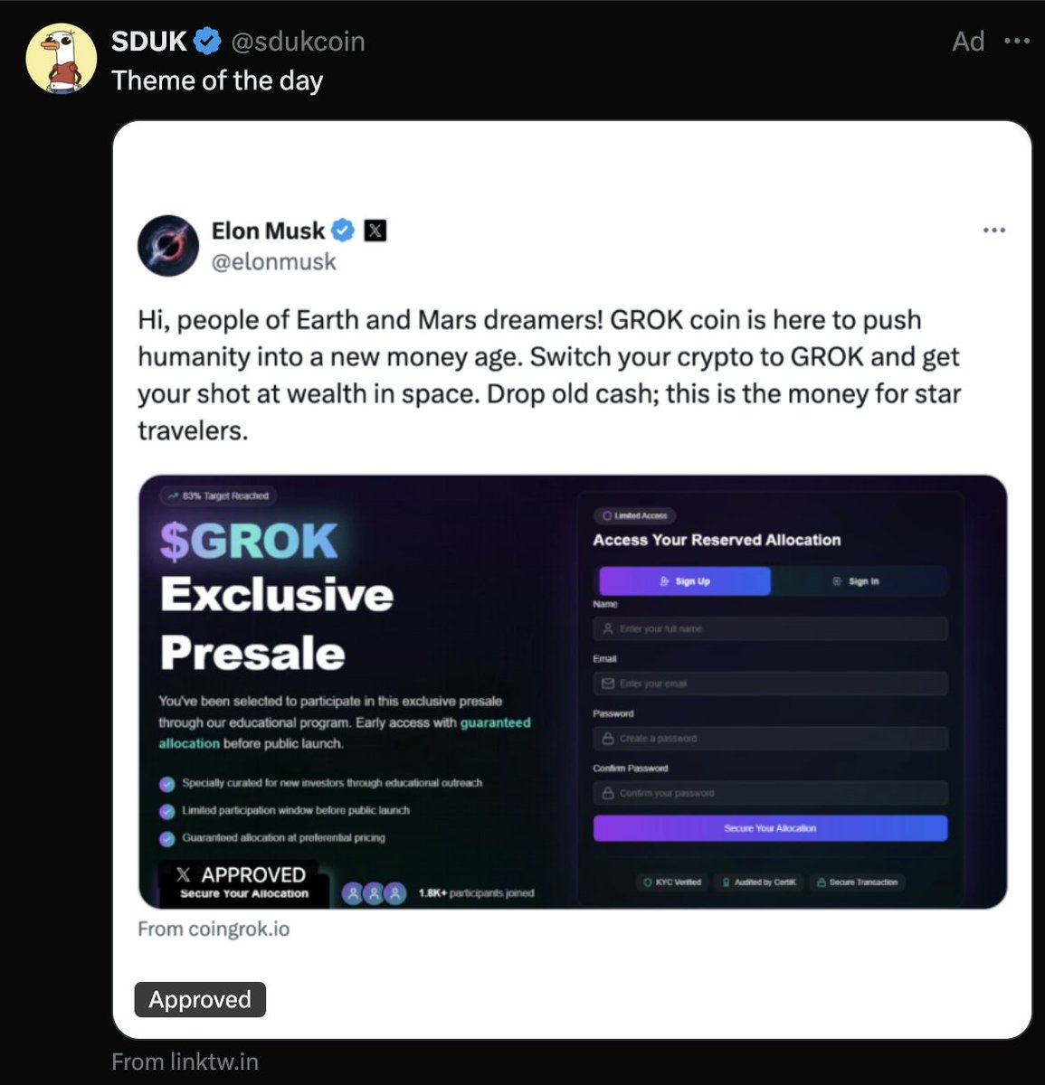 🚨 SCAM ALERT — @elonmusk is NOT promoting GROK coin. X is serving scam ads  that impersonate Elon, tricking users into giving away their crypto. This  is beyond unacceptable. X needs to