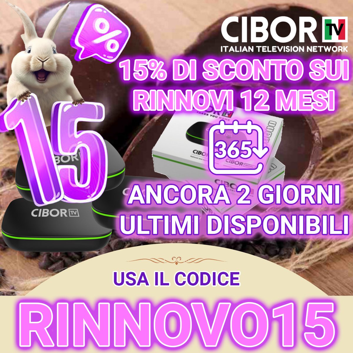 15% di sconto sui Rinnovi 12 mesi
cibortv.com
Approfitta subito, ancora 2 giorni!
