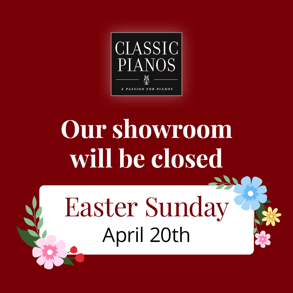 ClassicPianos's tweet photo. Our showroom will be closed tomorrow, Easter Sunday, but we look forward to seeing you again on Monday, April 21st! https://t.co/SE11S8lmdx
