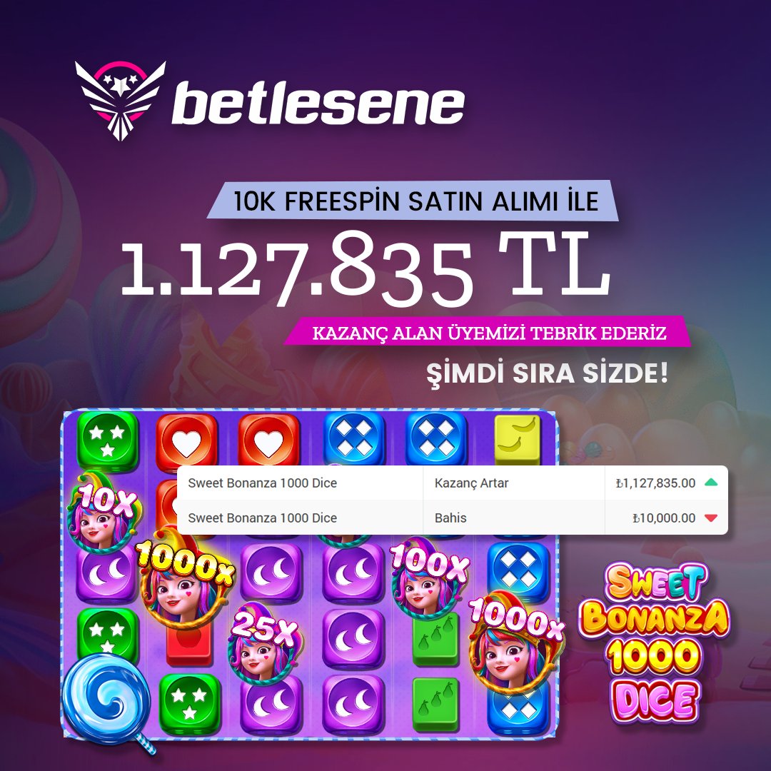 BETLESENE'DE GÜNÜN BETLEYENİ!

🎲 Sweet Bonanza 1000 Dice oyununda 10K freespin satın alımı ile tam 1.127.835,00 TL kazanç elde eden üyemiz ro****et'i tebrik eder, şansının daim olmasını dileriz.

SIRA SİZDE!

betlesene.site