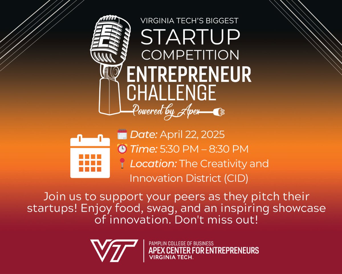 Virginia Tech’s biggest startup competition is almost here! 🤩 Come out to support your fellow #Hokies at the Spring #EntrepreneurChallenge as they pitch their startups and enjoy an exciting showcase of innovation and creativity ✨ #Pamplin #NextGenPamplin