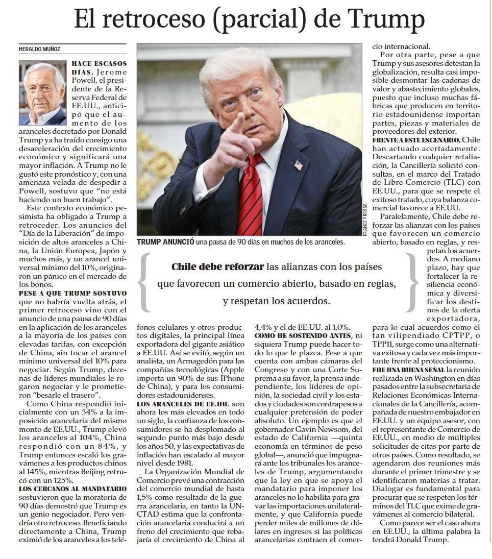 Les comparto mi columna sobre los giros de la política arancelaria de Trump en #EEUU y sus efectos en la economía global, y la posición de Chile.