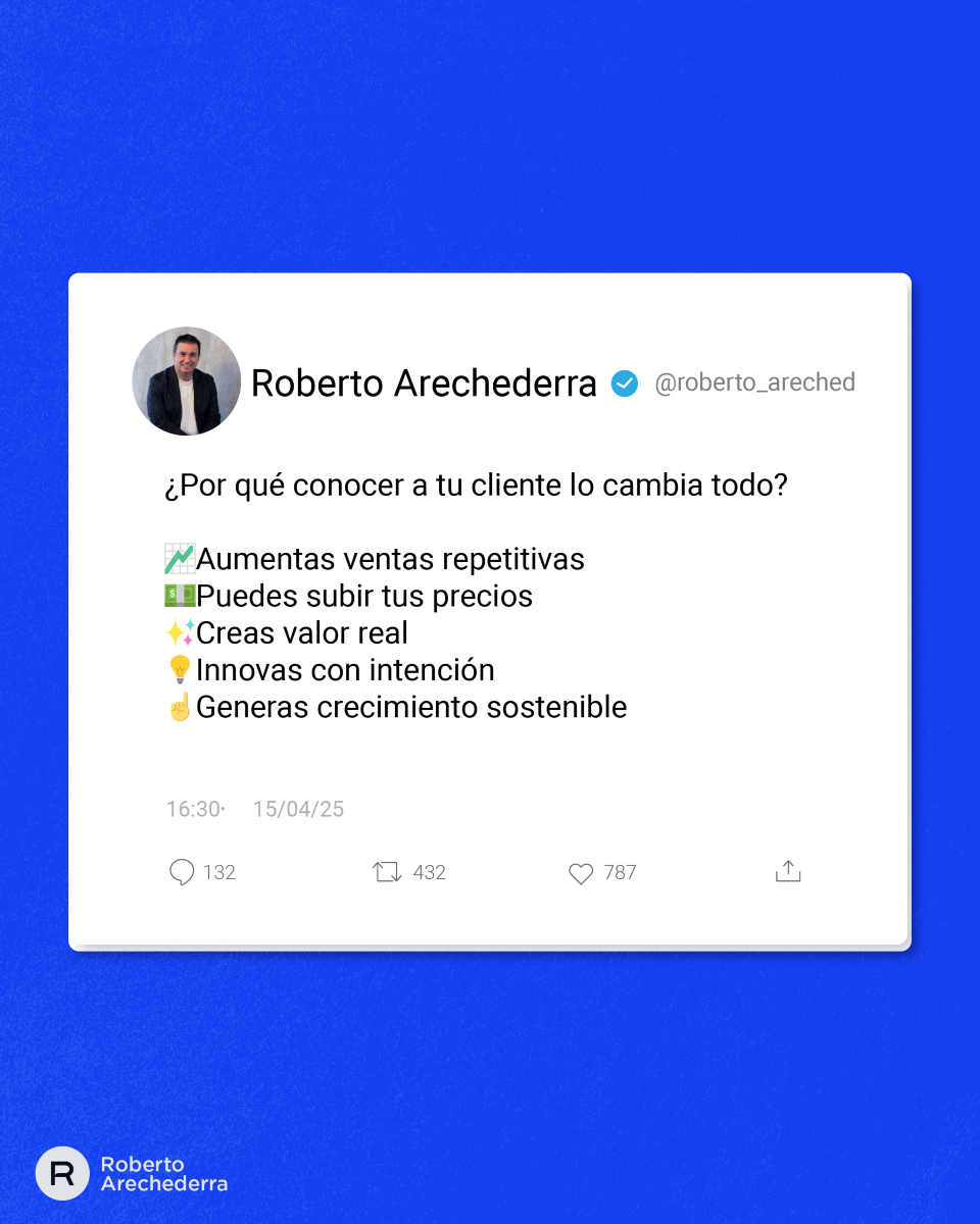 roberto_areched's tweet photo. Conocer a tu cliente lo cambia todo. Te permite aumentar ventas constantes, elevar tus precios, crear valor auténtico, innovar con propósito y construir un crecimiento sostenible.

#RobetoArechederra #conoceatucliente #estrategia #economía https://t.co/UBrJYQKSeA