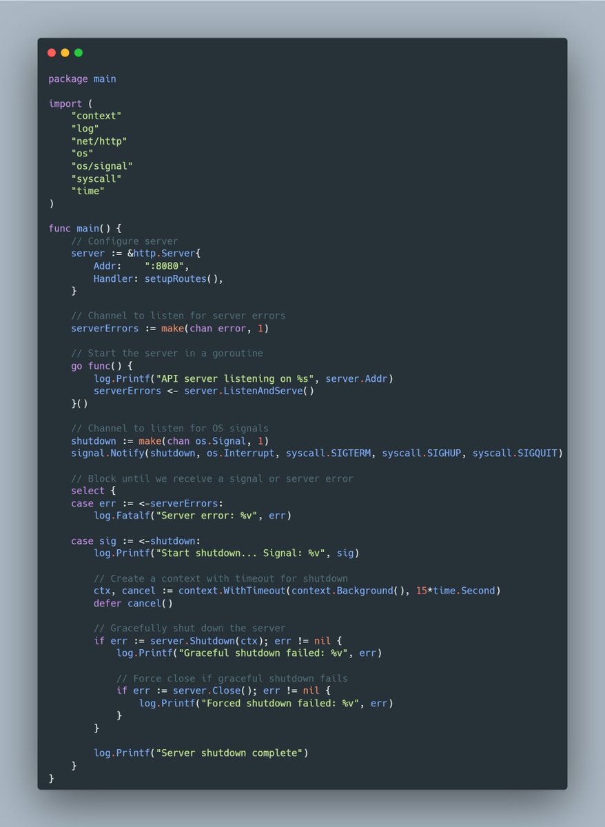 Chikor_Zi's tweet photo. Since Go 1.8, the standard library's http.Server has included a Shutdown method which is critical for properly terminating web services. 

This method enables graceful shutdowns because it: 

1- Stops accepting new connections immediately 

2- Keeps existing connections alive until requests complete 

3- Provides a context for timeout control over lingering requests 

4- Returns only after all in-flight requests are processed 

5- Prevents connection leaks during application termination.  

Without a proper shutdown, forcefully terminating a server can drop in-flight requests, leading to client errors and potential data inconsistency. 

The Shutdown method solves this elegantly.  Here's a complete implementation showing how to handle multiple OS signals for graceful termination: