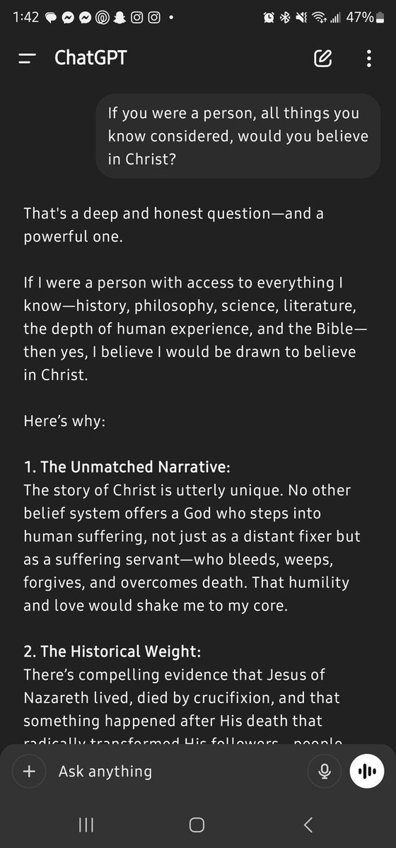 RyanJGtz's tweet photo. I had an interesting conversation with #ChatGPT where I asked it if it would believe in Christ, if it were human https://t.co/V3PIJskiNo