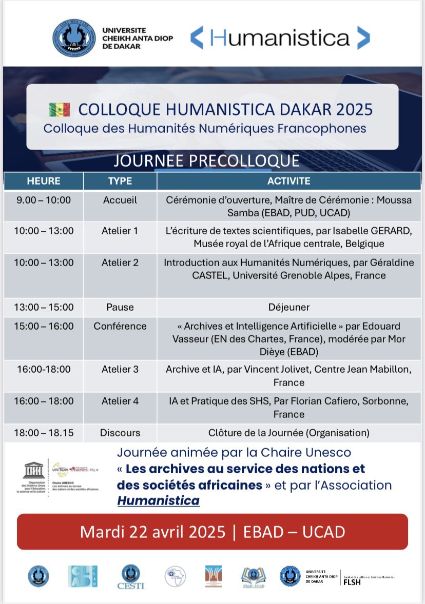 CladUcad's tweet photo. Découvrez le programme de la Journée Précolloque de Humanistica Dakar 2025 !

Ateliers pratiques, conférences inspirantes, échanges autour des Humanités Numériques…

📆 Mardi 22 avril 2025
📍EBAD – UCAD

#HumanisticaDakar2025 #Précolloque #HumanitésNumériques #EBAD #UCAD #kebetu https://t.co/NHz9PI0soK