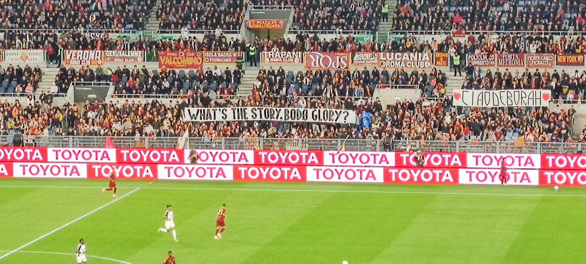 aleoricchio's tweet photo. "What's the story, Bodø glory". Lo striscione comparso in Tribuna Tevere durante Roma Verona. https://t.co/PT72X2GiEM
