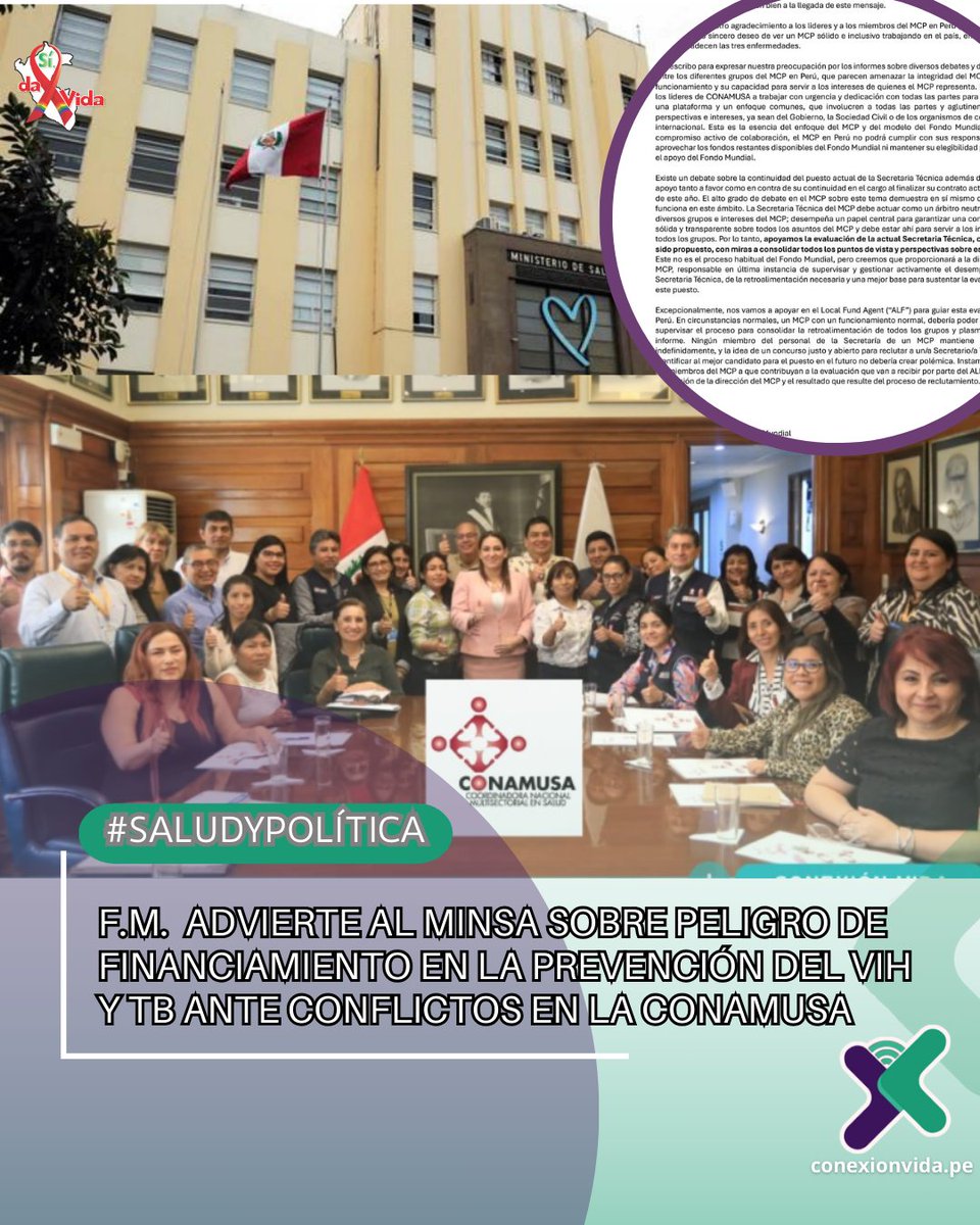 ConexionVida_pe's tweet photo. #EXCLUSIVO Fondo Mundial advierte al @Minsa_Peru sobre peligro de financiamiento de $ 25 millones en la prevención del #VIH y #TB ante conflictos en la #CONAMUSA @cvasquezsanchez ✍️ https://t.co/5xXdJAr0vk https://t.co/W4CNX1cpYO