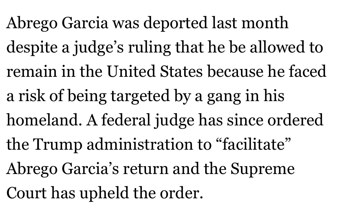 guypbenson's tweet photo. …Based on my understanding of the case, this passage provides information that is incomplete, at best. A judge ruled in 2019 that Garcia couldn’t be deported *to El Salvador,* which was the Trump admin’s mistake here. He did not have any permanent authorization to “remain in the United States.” He in fact had a removal order against him. 

And SCOTUS did not exactly ‘uphold’ a judge’s order on facilitating his return. The high Court didn’t endorse the lower ruling that the admin had to *effectuate* Garcia’s return, telling the judge to explain what she meant by that word, effectively downgrading the order to the lower bar of ‘facilitation’ (the govt’s compliance with which is still being fought about). I’m entirely open to the argument that the WH has not facilitated anything here & that they should get the Salvadoran government to send Garcia back (likely for prompt re-deportation elsewhere), but the wording of the article paints a misleading picture…