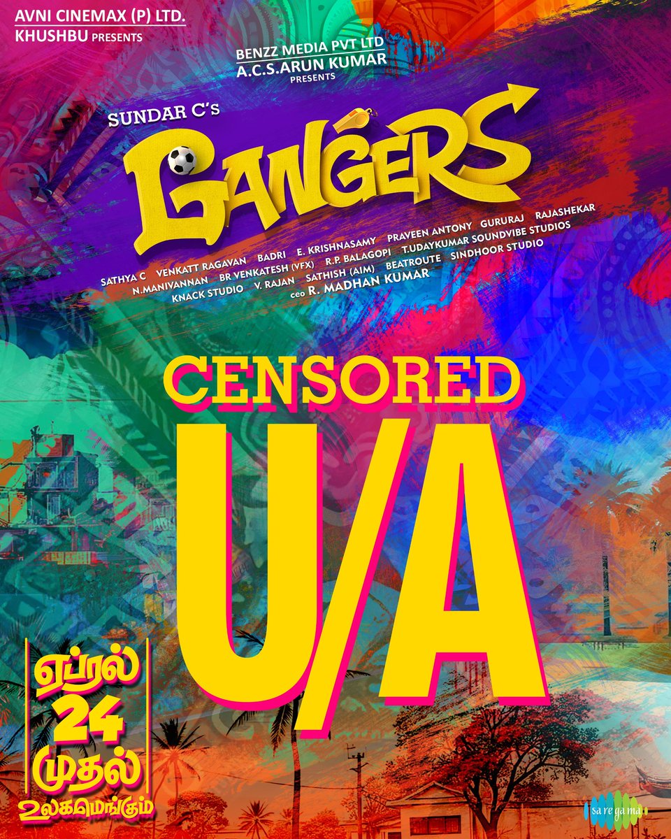 cine_latest's tweet photo. ⚡#Gangers Censored with U/A! 

Eagerly waiting for that Magic 🪄 #SundarC &amp; #Vadivelu Comedy!

✅ Releasing on 24 April! https://t.co/GBvrbuBQsa