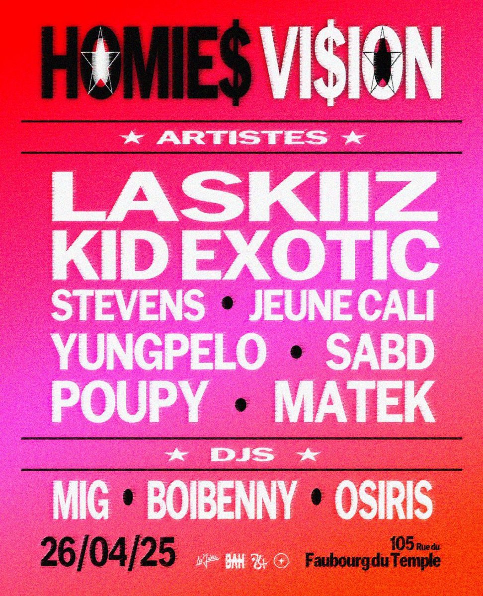 Le 26 Avril à la Java se tient le show « HOMIE$ VISION » 

Avec Laskiiz, Kid Exotic, Stevens et plein d’autre ! 

BILLETERIE en dessous de ce tweet 👇🏼