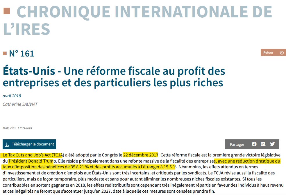 C_A_G0101's tweet photo. 1/2
Remarquez c'est bien joué par Trump.
Durant son 1er mandat, il a passé les impôts sur les entreprises de 35 à 21%.
Avec les 10% généralisés de "tariffs" (payés in fine par les citoyens US), il déplace cet impôt des entreprises vers les consommateurs américains 😎🙃
#MAGAss https://t.co/JD4TTNeYbW