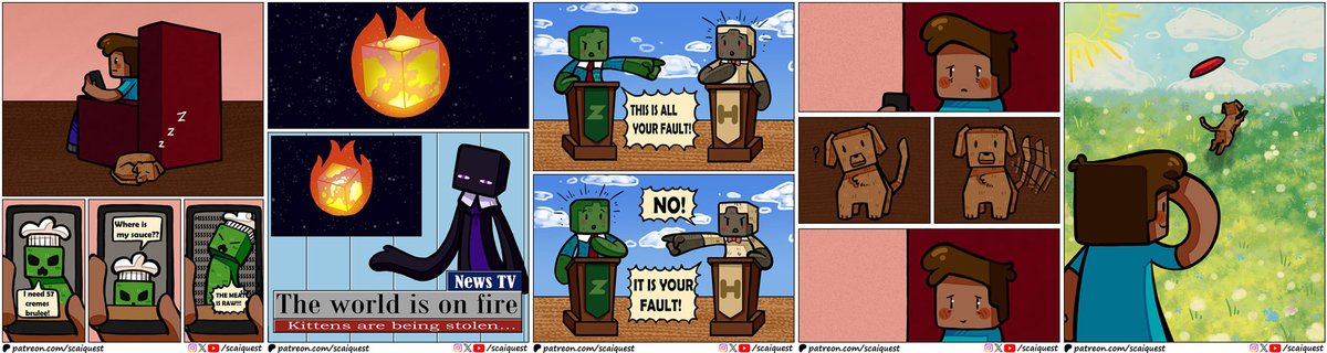 ScaiQuest's tweet image. 🥳New comic: "The World is Full of Anger"! A story about disconnecting from our increasingly bleak reality. 

👀Join us on Patreon (patreon.com/scaiquest) for early &amp;amp; behind-the-scenes access, HD art and bonus panels!

#minecraft #minecraftcomic #minecraftart