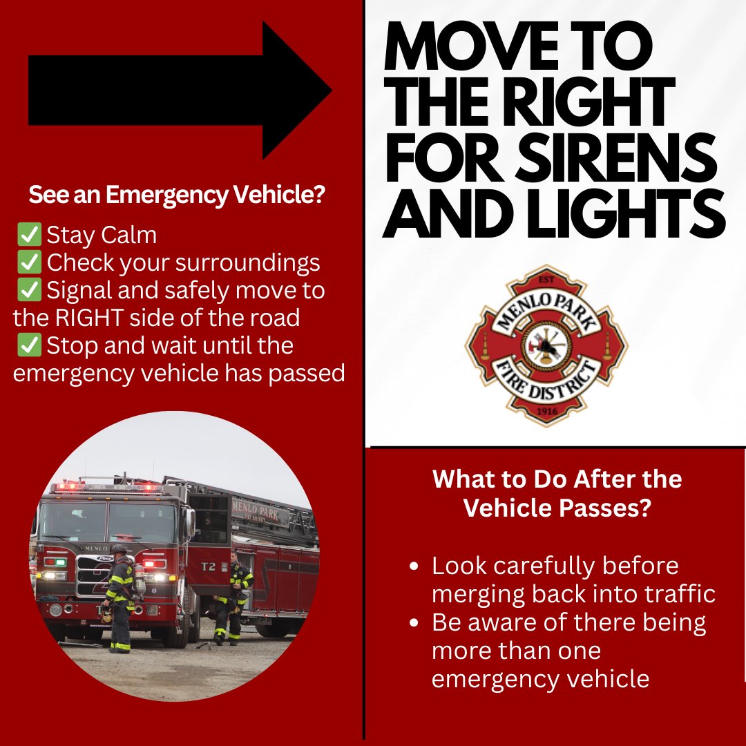 🚨 Hear a siren? See flashing lights? Move to the RIGHT and stop! Help us get to emergencies faster — your quick action can save lives. 

#MoveRightForSirens #PullOver #RoadSafety #MPFPD