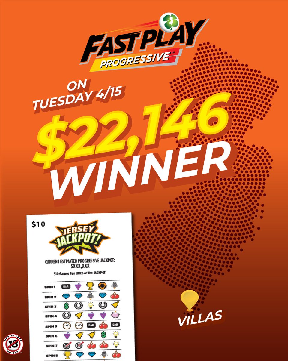 NJLottery's tweet image. 🤘A $10 Jersey Jackpot #FastPlayProgressive ticket reeled in $22,146 (100% of the Progressive Jackpot) at Villas Fishing Club in Villas! Congrats to this player! Are you hoping to score the next big catch? For Fast Play Progressive game odds, visit NJLottery.com/FastPlay. 🥳