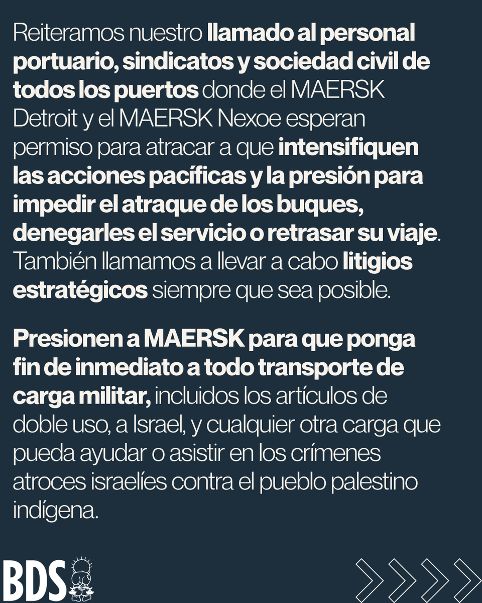 MovimientoBDS's tweet photo. Estos no son buques de carga. Es una línea de suministro operada por MAERSK para el primer genocidio transmitido en vivo del mundo.

#BlocktheBoat #MaskOffMaersk #EmbargoMilitar #FlotaGenocida @proucomplicitat @BDSMadrid https://t.co/7gStDCe9ti