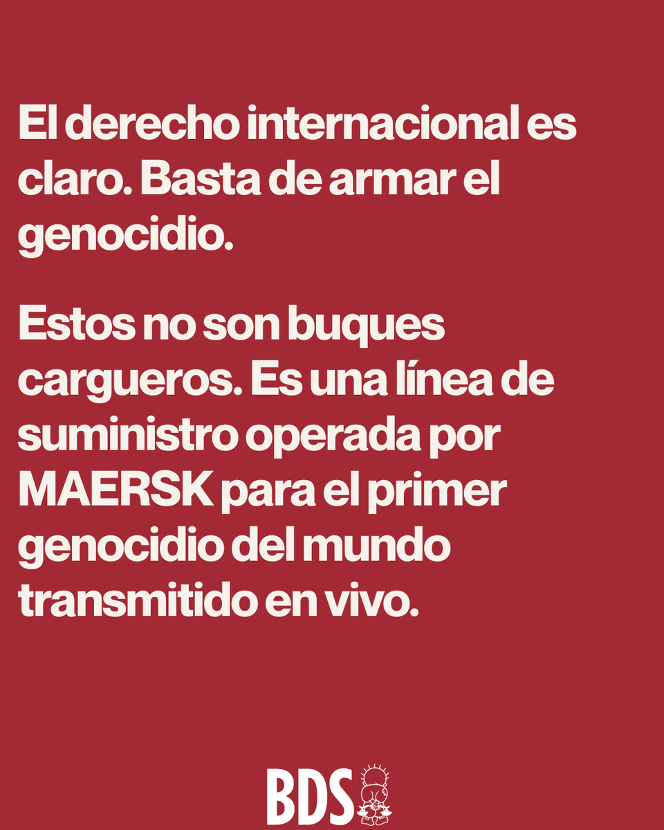 MovimientoBDS's tweet photo. Estos no son buques de carga. Es una línea de suministro operada por MAERSK para el primer genocidio transmitido en vivo del mundo.

#BlocktheBoat #MaskOffMaersk #EmbargoMilitar #FlotaGenocida @proucomplicitat @BDSMadrid https://t.co/7gStDCe9ti